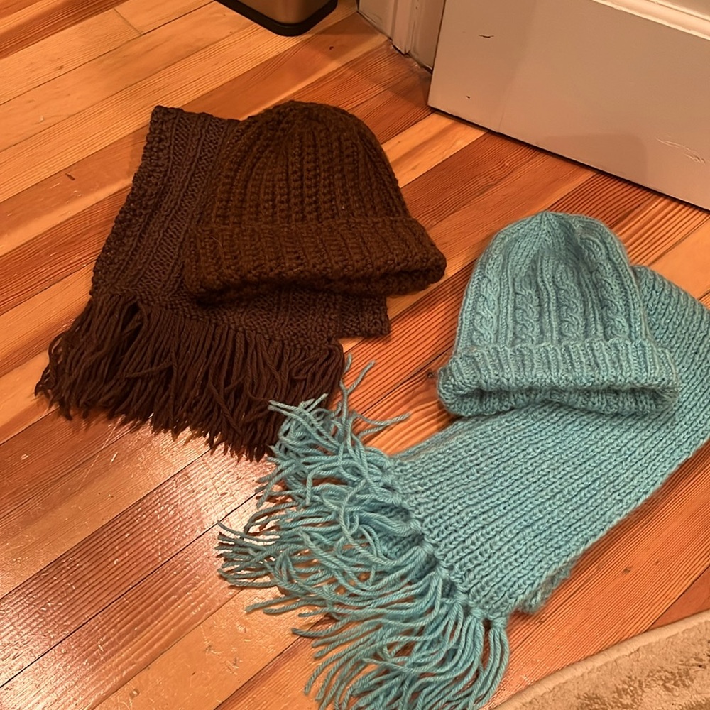2for1 Homemade scarf with matching hat, brown,baby blue. Beautiful